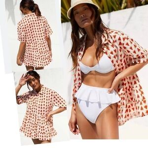 Anthropologie Faye  Tiered Tunic Blouse Top Watermelon Porridge Cotton Size M